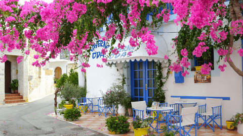 Grieks terras met blauw witte tafels en stoelen en bougainville