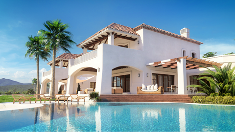 Witte villa met bauwe zwembad en palmbomen.