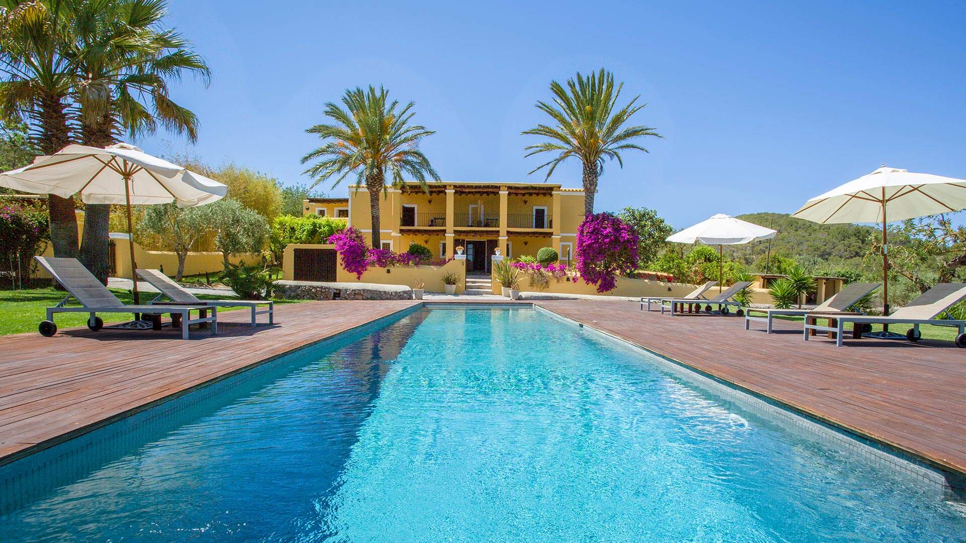 Zwembad met ligbedjes en parasols aan de zijkanten